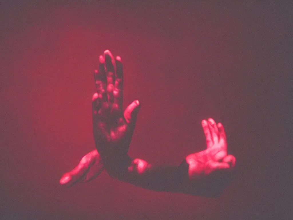 Prompt: dark skin hands, emerging from dark red water, film, glowing light
