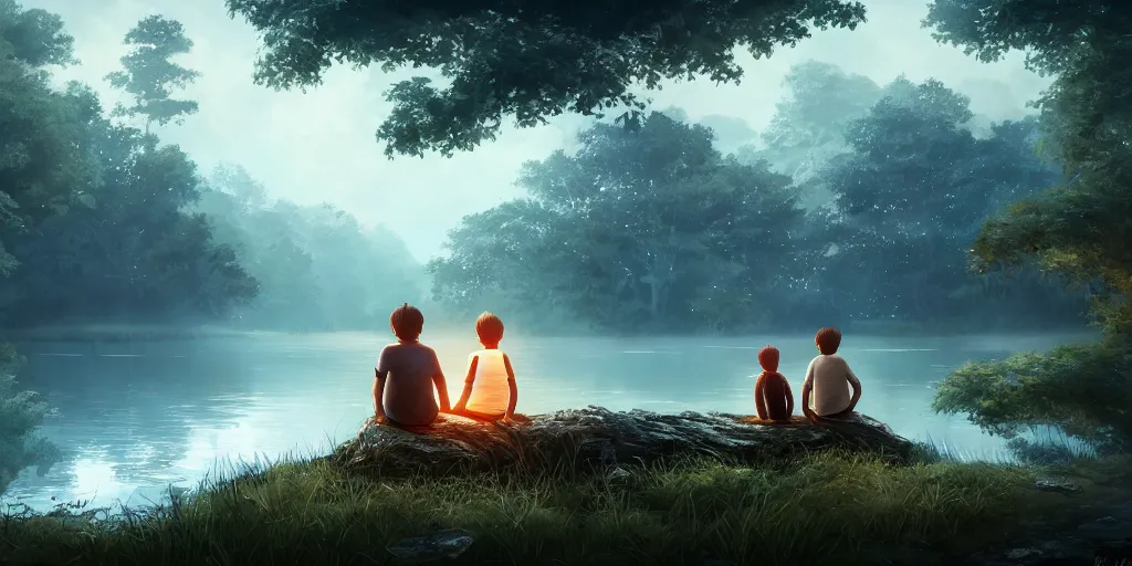 Image similar to a silver dragon and a boy sitting next to lake in forest, many fireflys, at night, concept art, dof, cryengine, digital art, detailed background, makoto shinkai