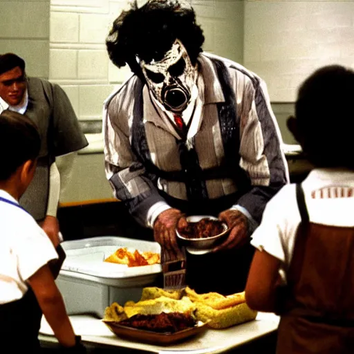 Image similar to Leatherface as a cafeteria attendant dishing out lunch to school kids in thr cafeteria at lunch time