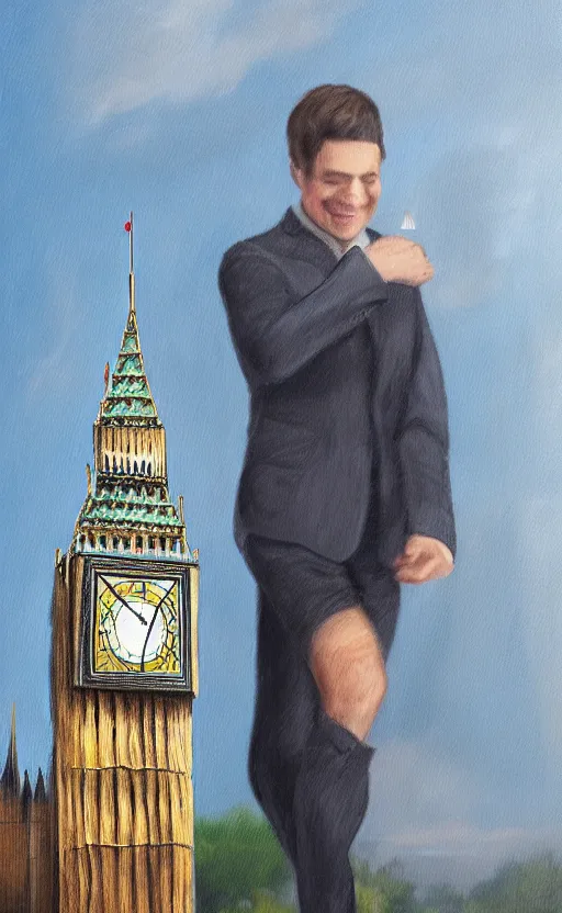 Image similar to detailed photorealistic painting of a man with a miniature big ben between his legs