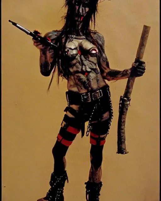 Prompt: portrait of a skinny punk goth soldier smoking a cigarette by simon bisley, john blance, frank frazetta, fantasy, barbarian