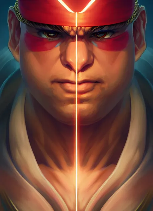 Image similar to symmetry!! ryu, street fighter, glowing lights!! intricate, elegant, highly detailed, digital painting, anime, artstation, concept art, smooth, sharp focus, illustration, art by artgerm and greg rutkowski and alphonse mucha