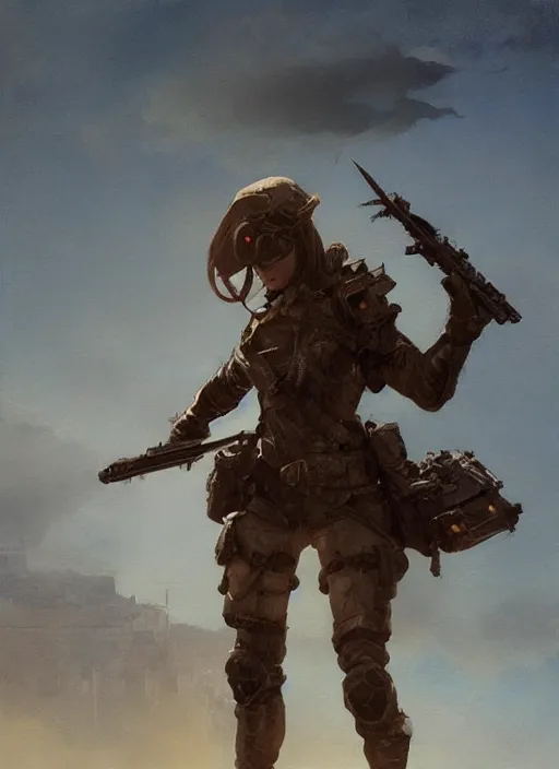 Image similar to hyper realistic painting of fantasy soldier girl, full body, rule of thirds, conceptart, saturated colors, cinematic, greg rutkowski, brom, james gurney, mignola, craig mullins, alan lee