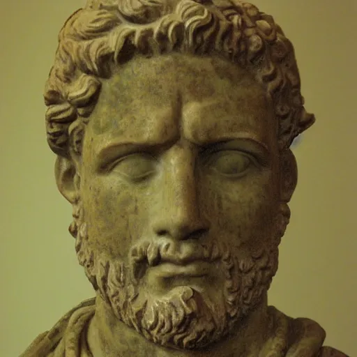 Image similar to 1 9 9 8 digital photo of roman statue bust, museum background, tile floor, nikon coolpix e 9 0 0