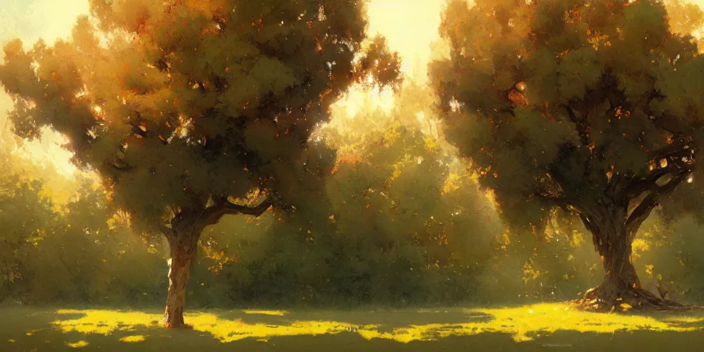 Image similar to digital art painting of a single tree in the middle of a front yard painted by craig mullins and gaston bussiere and greg rutkowski