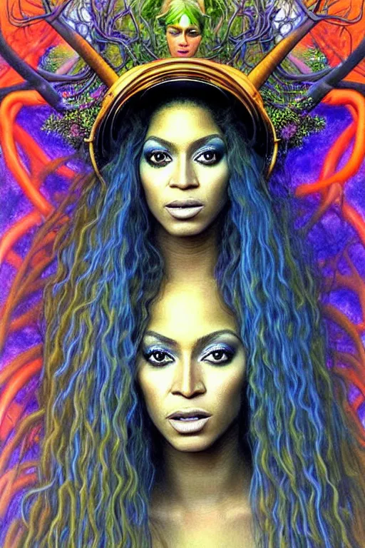 Prompt: realistic detailed face portrait painting of the beautiful beyonce with long hair with sci-fi headwear, futuristic sci-fi forest on background by Jean Delville, Amano, Yves Tanguy, Alphonse Mucha, Edward Robert Hughes, Roger Dean, rich moody colours, blue eyes