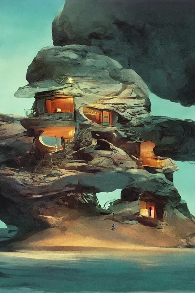 Image similar to seashell house where a hermit girl lives, atmospheric cinematography by syd mead and emmanuel lubezki