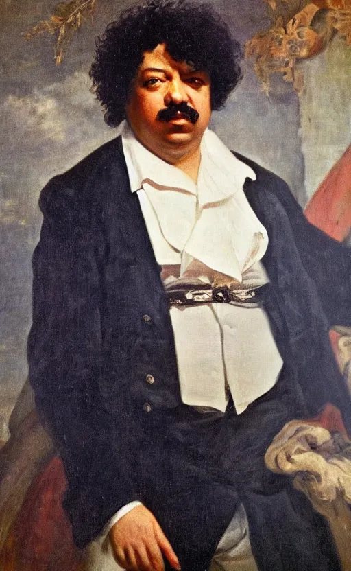 Image similar to Portrait of Alexandre Dumas, oil on canvas, highly detailed, by Delacroix, 8k