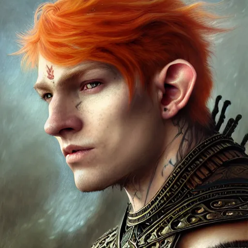 Image similar to portrait painting of a young elven man with a soft face and short light orange hair and tribal tattoos on his face wearing fur armor, ultra realistic, concept art, intricate details, eerie, highly detailed, photorealistic, octane render, 8 k, unreal engine. art by artgerm and greg rutkowski and charlie bowater and magali villeneuve and alphonse mucha