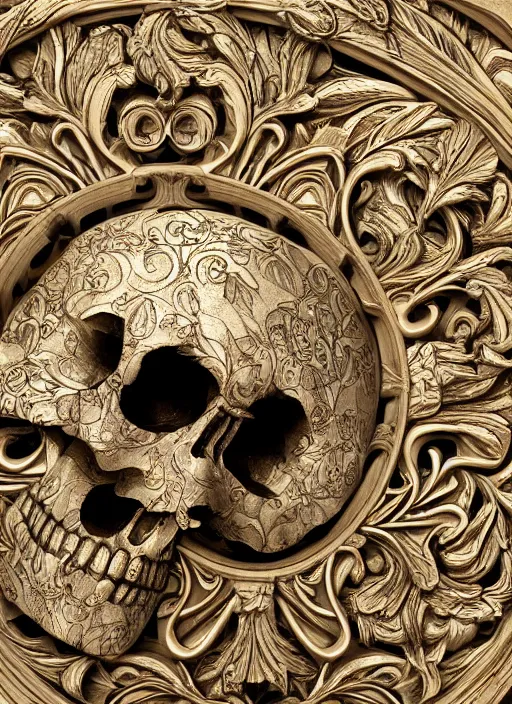 Image similar to hyper realistic photography of intricate renaissance skull ornament relief leaves, cinematic, symmetric detailed, artstation, cgsociety