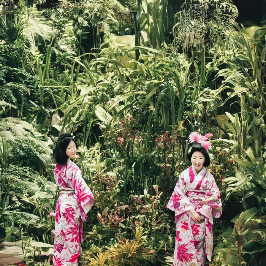 Image similar to photograph of a beautiful Japanese woman wearing a pretty kimono in a tropical greenhouse, by Annie Leibowiz, extremely detailed, large format camera, Fuji Provia, bokeh, photorealistic, trending on artstation, trending on instagram