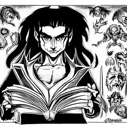 Prompt: DND character concept of a man ith tan skin and long straight black hair, holding an evil demonic book, rogue class, mentally possessed by a demon