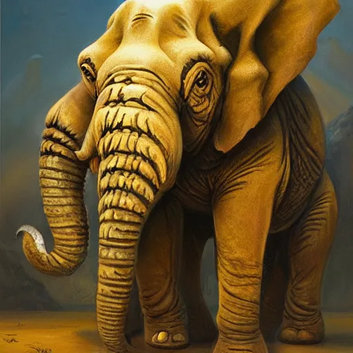 Prompt: a creature that is half elephant and half frog, oil painting by justin gerard