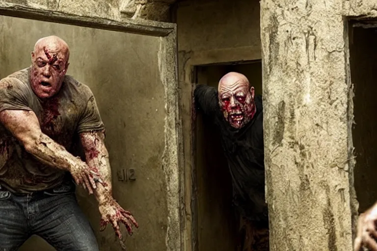 Image similar to zombie Dean Norris coming out of a tomb, movie still, photorealistic, clean composition, real shot