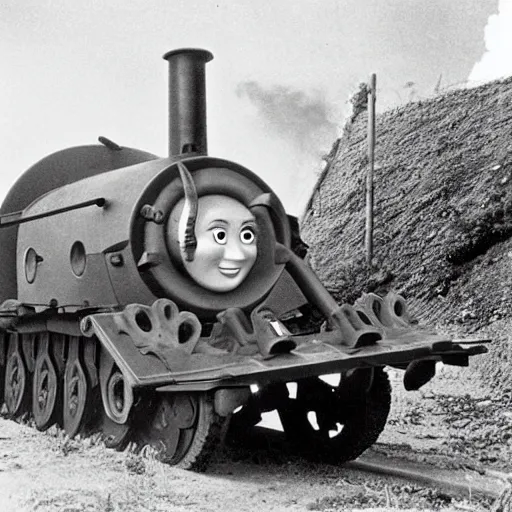 Image similar to WW2 era photograph of 800mm German artillery Dora from WW2 with Thomas the Tank Engine face