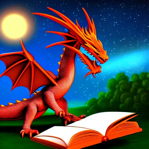 Image similar to dragon reading a book underneath the stars, digital art