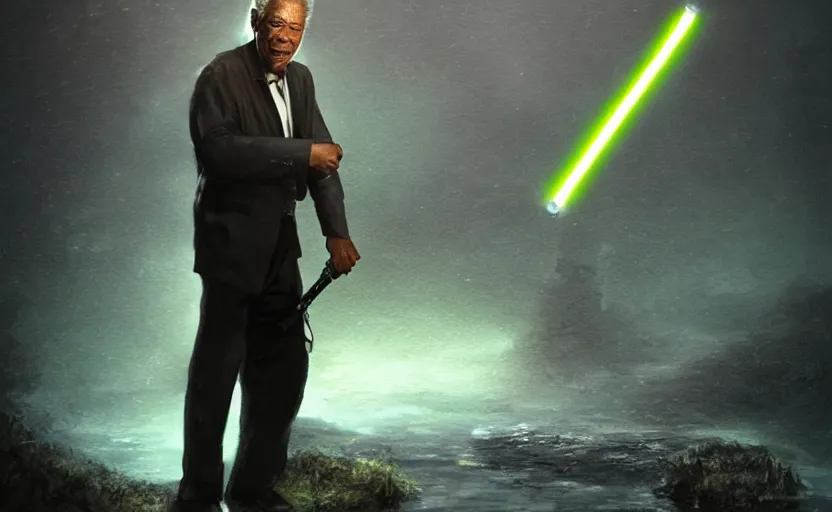 Prompt: morgan freeman holding a light saber, water landscape, dramatic lighting, cinematic, establishing shot, extremly high detail, photorealistic, cinematic lighting, post processed, concept art, artstation, matte painting, style by greg rutkowsky