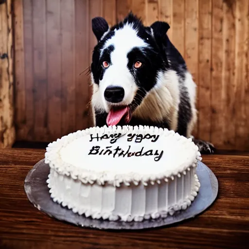 Image similar to large dog eating a birthday cake, photorealistic, 3 5 degree shot, movie still