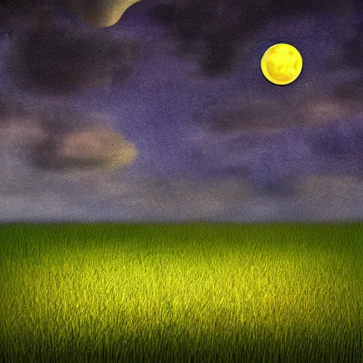 Prompt: view of lush field at night with full moon, with a cloud shaped as a heart, digital art