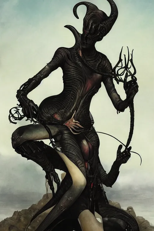 Prompt: a fashion editorial of a shaved black tiefling alien with scaled skin meditating. she is wearing a tactical suit and has many body modifications. by tom bagshaw, donato giancola, hans holbein, walton ford, gaston bussiere, brian froud, peter mohrbacher and magali villeneuve. 8 k, fashion editorial, cgsociety