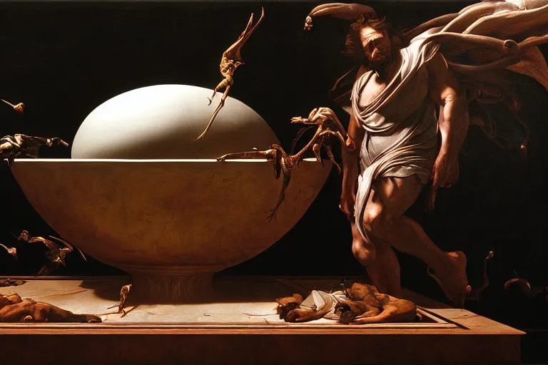 Prompt: hyperrealism aesthetic ridley scott and caravaggio style photography of detailed giant siting on a detailed ultra huge toilet bowl in surreal scene from detailed art house movie in style of denis villeneuve and wes anderson