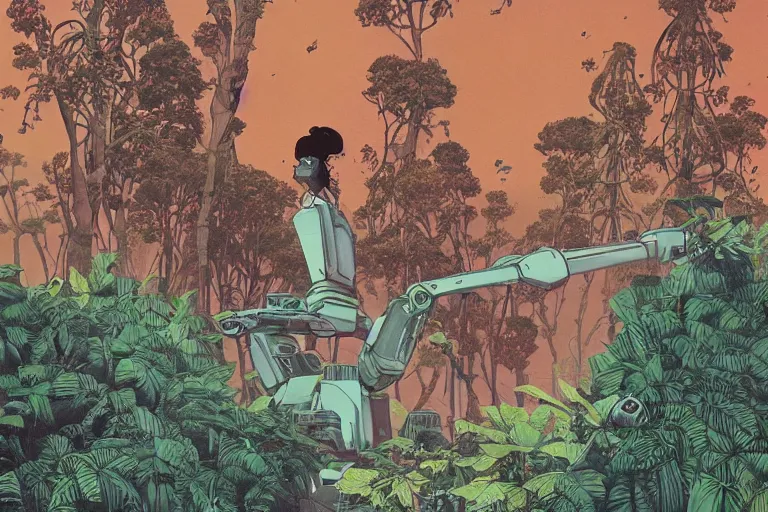 Prompt: gigantic man head, a lot of exotic vegetation around, trees, tremendous mecha robot, flowers, risograph!, oldschool vintage sci - fi flat surreal design, super - detailed, painting by moebius and satoshi kon and jodorwski