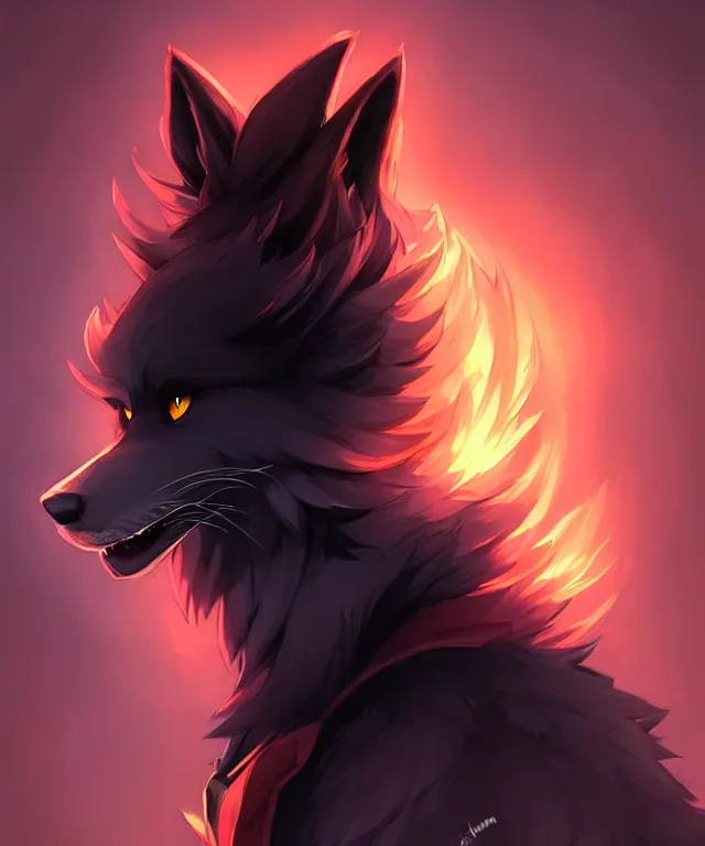 Image similar to character concept art of a black anthropomorphic male furry wolf long red hair | | cute - fine - face, pretty face, key visual, realistic shaded perfect face, fine details by stanley artgerm lau, wlop, rossdraws, james jean, andrei riabovitchev, marc simonetti, and sakimichan, trending on artstation