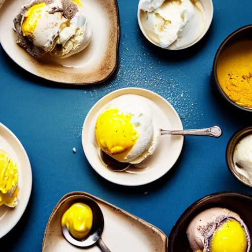 Image similar to ice cream with eggs and mustard on it, food photography, highly detailed