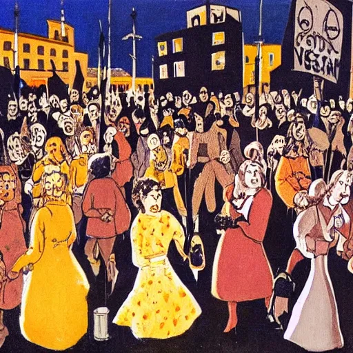 Image similar to feminist revolution, lisbon city at night, art in the style of paula rego