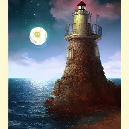 Prompt: a fantasy lighthouse stands on a high cliff, it's a starry night, the full moon is high in the sky, dark but beautiful colors, drawn by krenz cushart