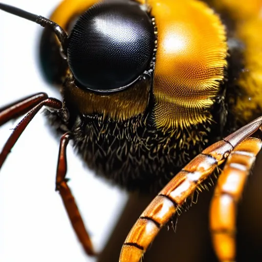 Prompt: detailed picture if a wasp on a table. Macro lenses. Up close. Zoom. 4k.