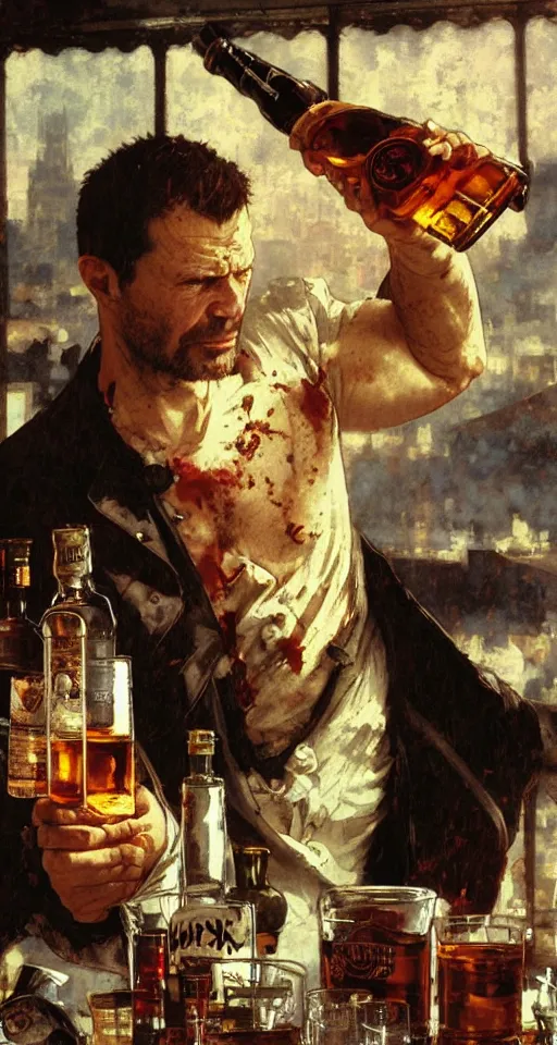 Image similar to close up of bloodied max payne pouring whisky, sun shining, photo realistic illustration by greg rutkowski, thomas kindkade, alphonse mucha, loish, norman rockwell.