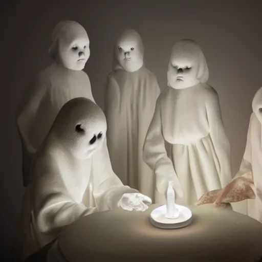 Prompt: ceramic sculptures, soft 3d render, diffused lighting, ghostly casper the ghost meeting in the basement with a group of girls doing a seance, artwork by shary boyle