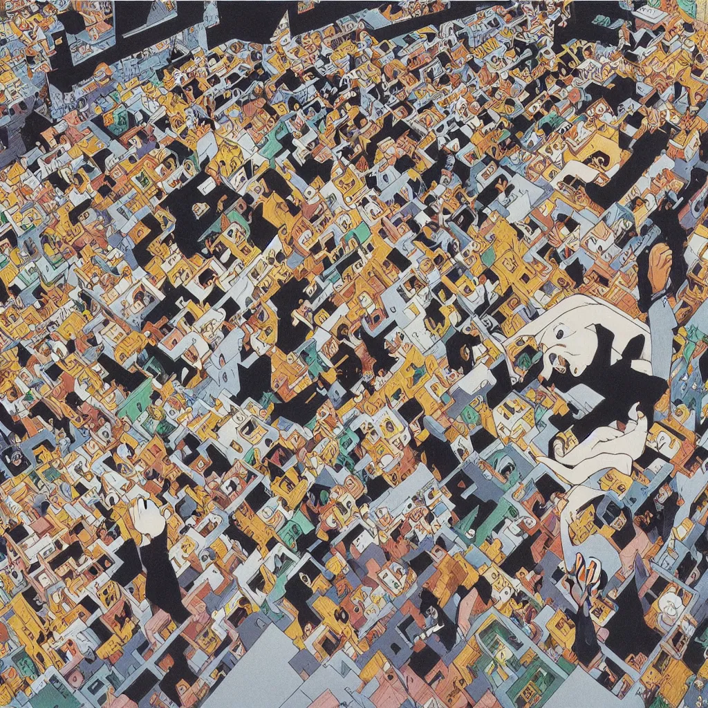 Prompt: last selfie on earth drawed by M. C. Escher colored by Hayao Miyazaki