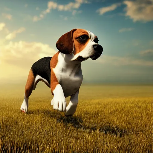Prompt: landscape beagle running in a field . intricate artwork by art-station. octane render, cinematic, hyper realism, 8k, depth of field.