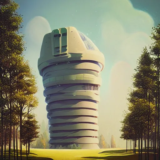 Image similar to a painting of a futuristic building surrounded by trees, an art deco painting by Beeple, cgsociety, retrofuturism, artstation hq, matte painting, biomorphic