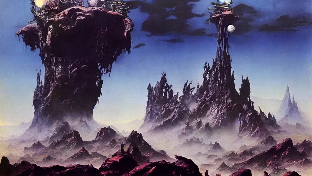 Image similar to surreal eerie alien planet empire by frank frazetta and bruce pennington, cinematic matte painting