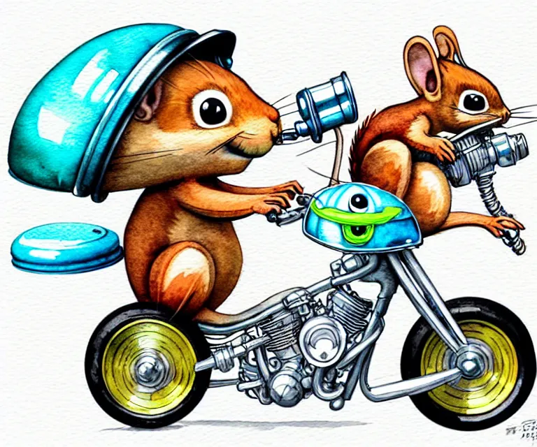 Prompt: cute and funny, squirrel wearing a helmet riding in a hot rod with oversized engine, ratfink style by ed roth, centered award winning watercolor pen illustration, isometric illustration by chihiro iwasaki, edited by range murata, tiny details by artgerm and watercolor girl, symmetrically isometrically centered, sharply focused