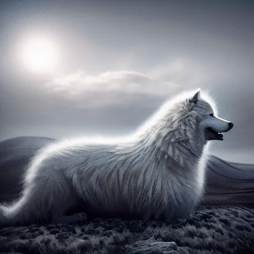 Image similar to giant sleeping ( ( ( ( samoyed ) ) ) ) creature creature in a tundra landscape, dramatic lighting, moody : : by michal karcz, daniel merriam, victo ngai and guillermo del toro : : ornate, dynamic, particulate, intricate, elegant, highly detailed, centered, artstation, smooth, sharp focus, octane render, 3 d