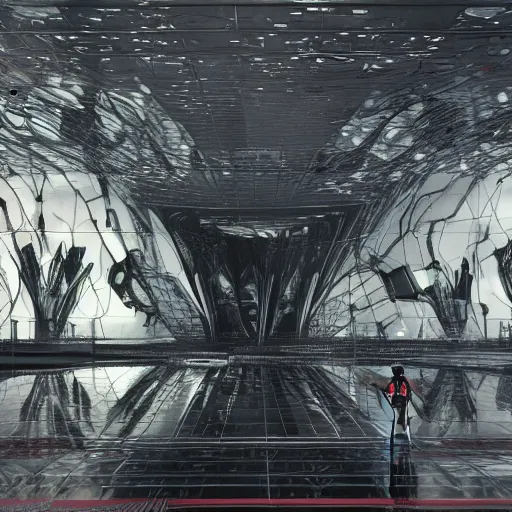 Image similar to digital sci-fi oily gloss reflection airport motherboard organic brutalist forms wall structure in liquid and oil on the coronation of napoleon painting, on moon with medium size man walking with black background and digital billboard in the middle. unreal engine 5, keyshot, octane, artstation trending, by Zaha Hadid architects, by Matrix film color, high contrast pinterest black plastic, dark atmosphere pinterest tilt shift, 4k, 8k, 16k.