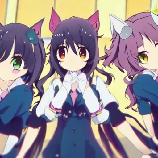 Image similar to “group of catgirls playing together, anime film still. Rise Of The Catgirls(2020)”