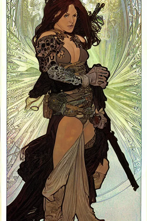 Image similar to female thief, d & d, fantasy, portrait, in travis charest and alphonse mucha