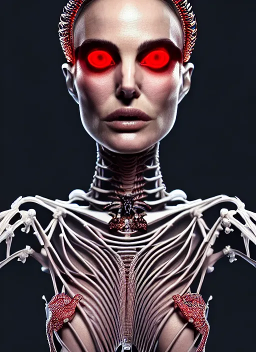 Prompt: portrait of an absurdly beautiful, graceful, sophisticated, fashionable futuristic female skeleton with sections of skin showing, natalie portman, hyperdetailed illustration by irakli nadar and alexandre ferra, intricate linework, faberge, intricate chrome headdress, dark atmosphere, glowing red eyes, unreal engine 5 highly rendered, global illumination, radiant light, detailed and intricate environment