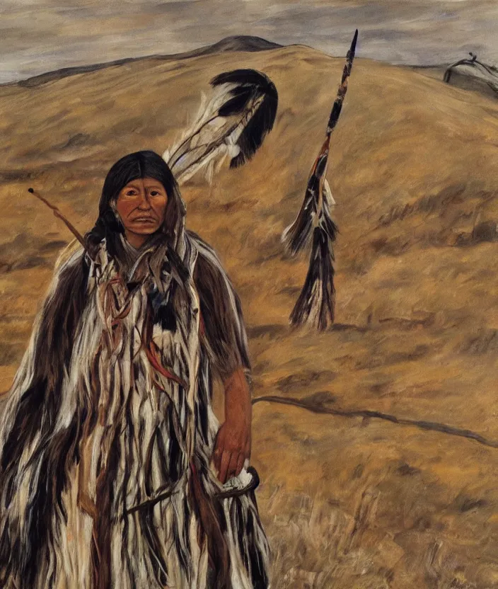 Image similar to indigenous woman hunting, painted by lucian freud, hd, super detailed, realistic, muted colors