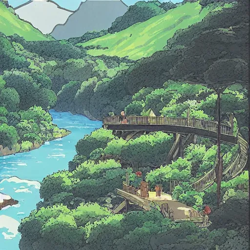 Prompt: A landscape with mountains and forests and a river crossing by the middle of a valley by Studio Ghibli