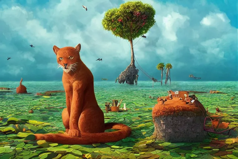 Prompt: one big cat sitting on an island in the middle of the ocean, summer morning, very coherent and colorful high contrast, art by gediminas pranckevicius, geof darrow, dark shadows, hard lighting