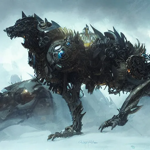 Prompt: mechanical king of wolves, elden ring, by greg rutkowski