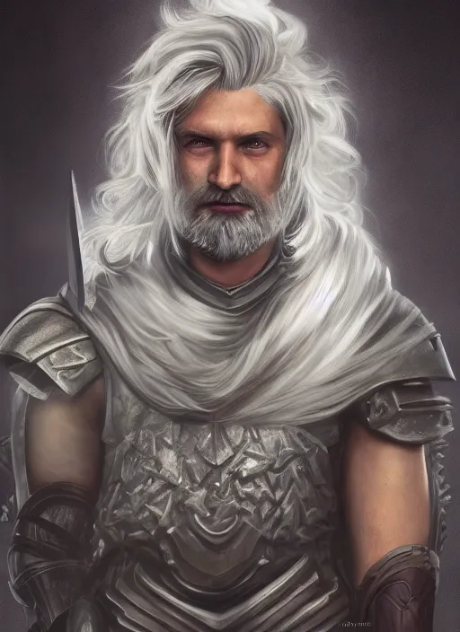 Image similar to an epic fantastic realism comic book style portrait painting of an aasimar paladin, male, shaggy silver hair, short brown beard, intense face, d & d concept art, unreal 5, daz, petrol aesthetic, octane render, cosplay, rpg portrait, dynamic lighting