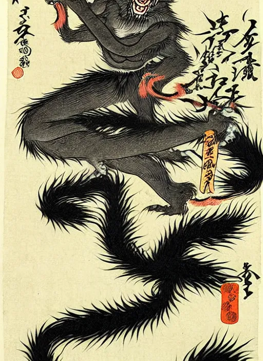 Image similar to a werewolf as a yokai illustrated by kawanabe kyosai and toriyama sekien