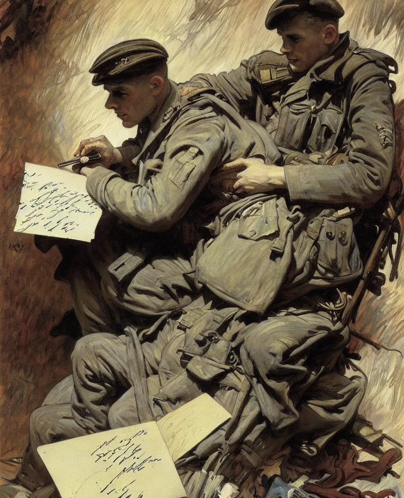 Prompt: a painting of lots of words in a hand written letter by a soldier in el alamein battle, wwii, black and white, jeremy mann, alphonse mucha